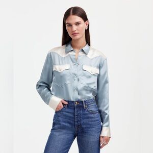 NWT Alexa Chung for Madewell Blue and White Satin Western Shirt